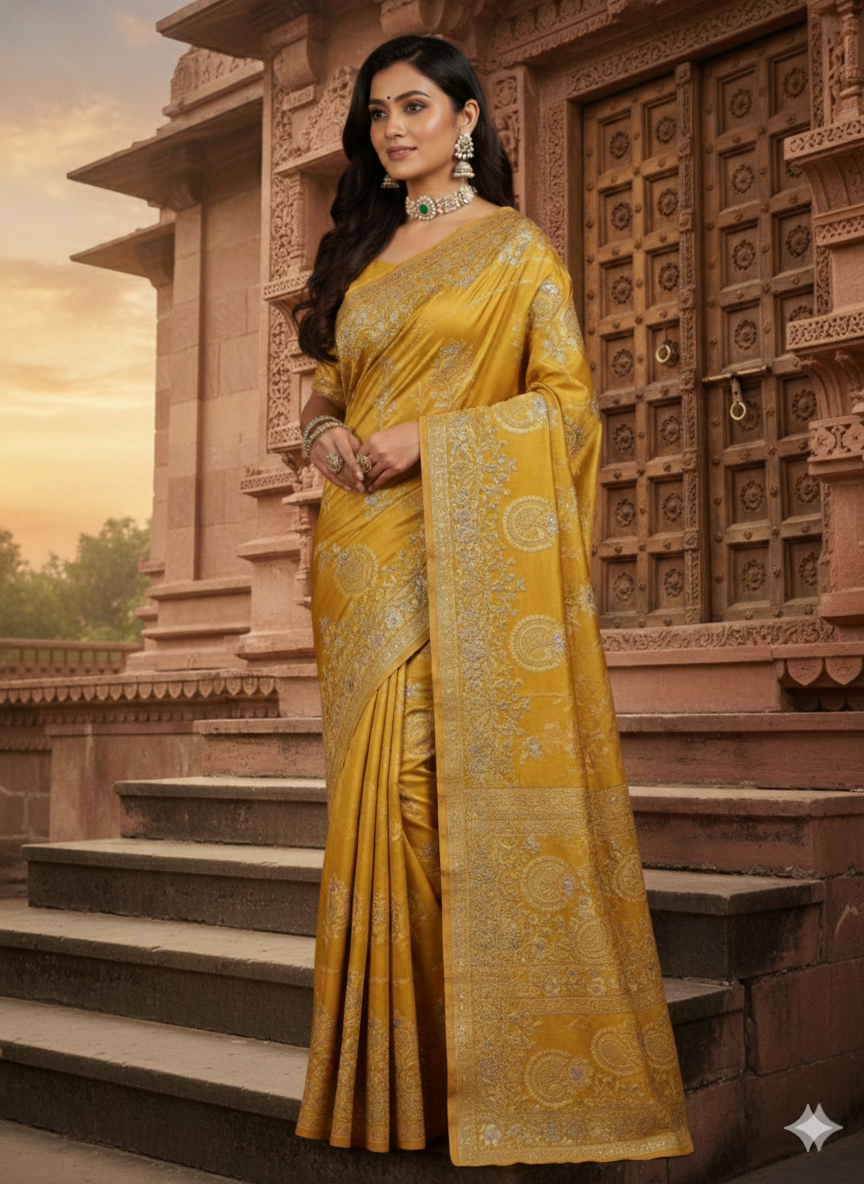 Radiant Mustard Banarasi Silk Saree